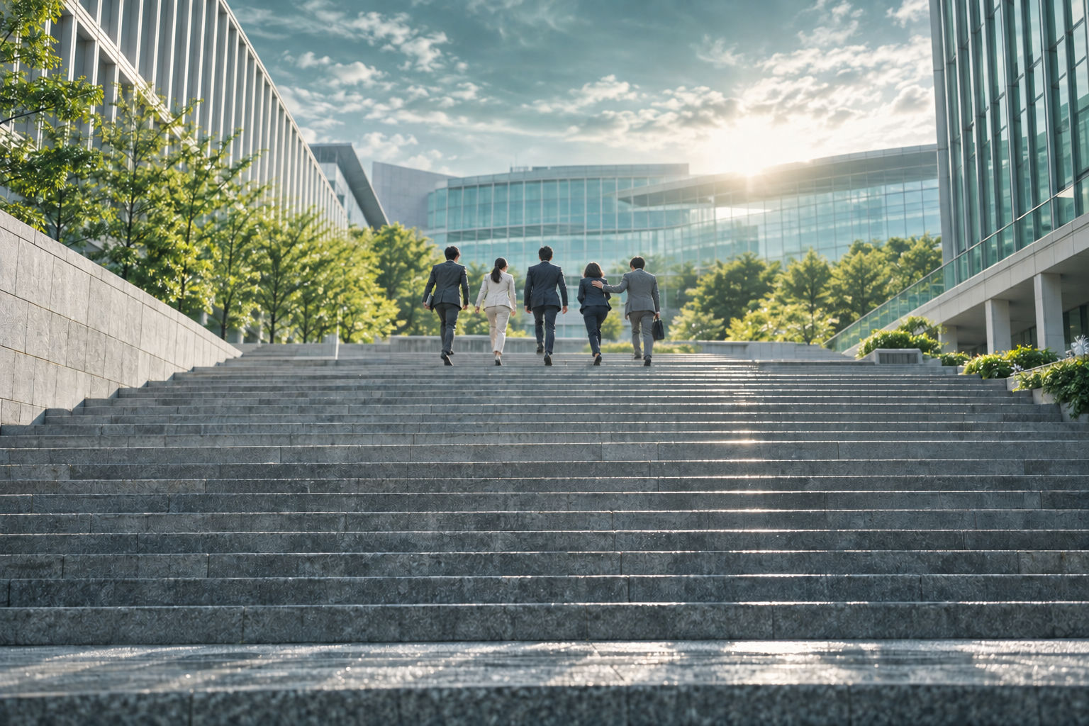 社会の変革へ向けて遠くの階段を力強く上る人々