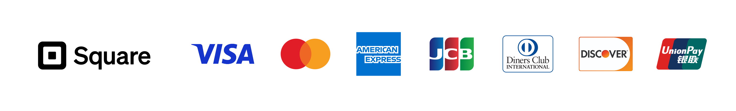 Visa、Mastercard、American Express、JCB、Diners Club、Discover、UnionPay